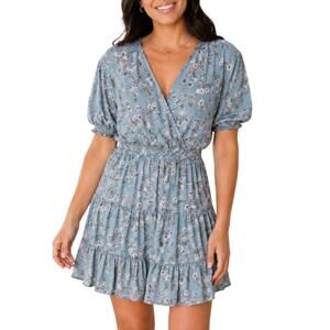 WAYF Dusty Blue Floral Tiered Mini Dress XL NWT